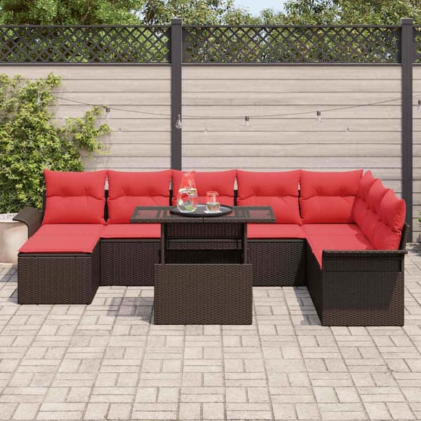 vidaXL Trädgårdsoffset med kudde 9 pcs Brun Poly rattan Brun