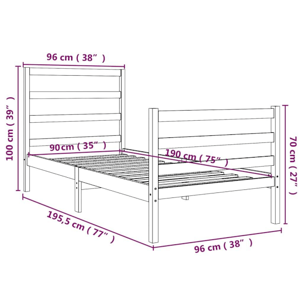vidaXL Sängram massiv furu 90x190 cm Brun