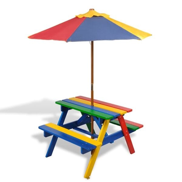 vidaXL Picknickbord för barn färgglad med parasol multifärg