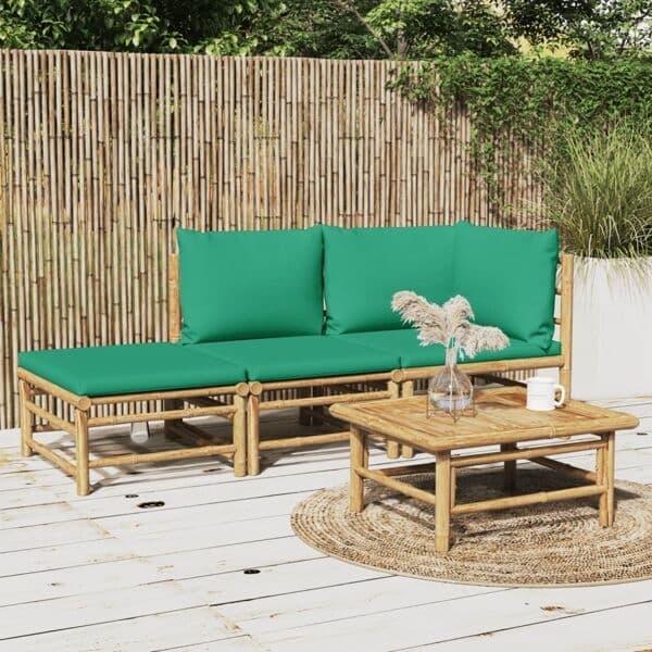vidaXL Loungegrupp för trädgården 3 delar gröna dynor bambu Brun