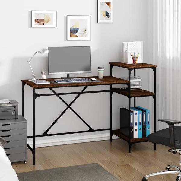 vidaXL Skrivbord med hyllor brun ek 135x50x90 cm konstruerat trä Brun