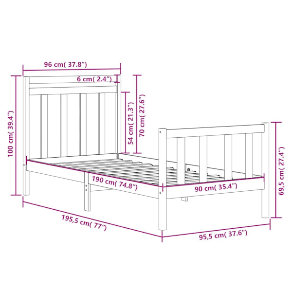 vidaXL Sängram vit massivt trä 90x190 cm Vit