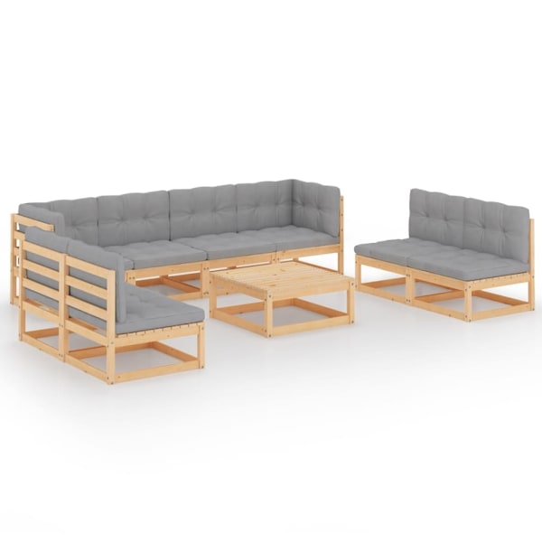 vidaXL Loungegrupp med dynor 9 delar massiv furu grå