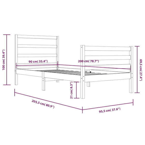 vidaXL Sängram honungsbrun massiv furu 90x200 cm enkelsäng Brun