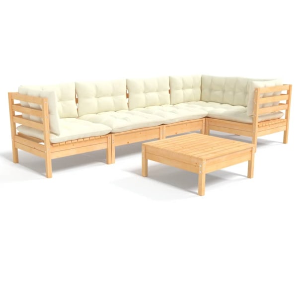 vidaXL Loungegrupp med gräddvita dynor 6 delar massiv furu Creme