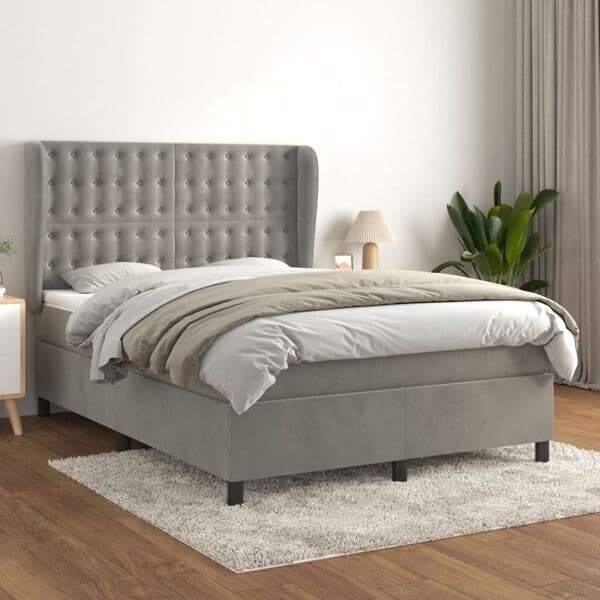 vidaXL Ramsäng med madrass ljusgrå 140x190 cm sammet Grå