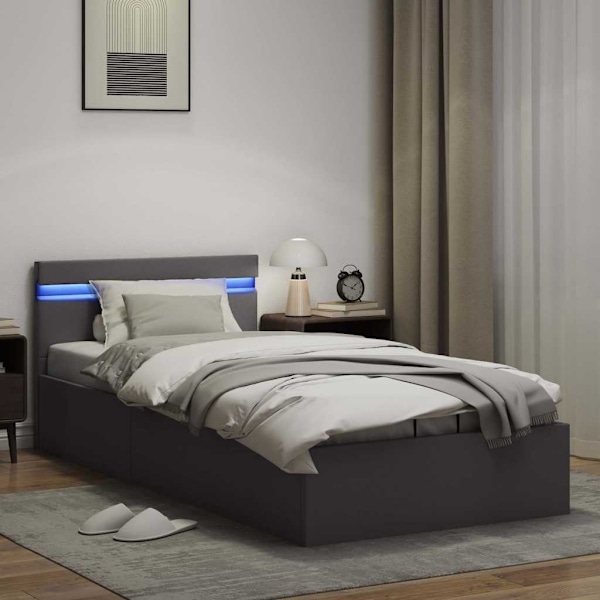 vidaXL Sängram hydraulisk förvaring LED grå konstläder 100x200 cm grå