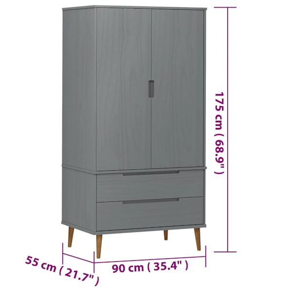 vidaXL Klädskåp MOLDE grå 90x55x175 cm massiv furu Grå