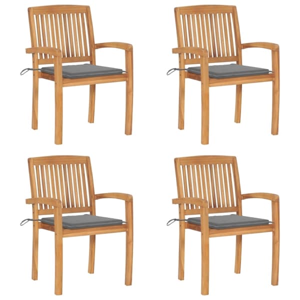 vidaXL Stapelbara trädgårdsstolar med dynor 4 st massiv teak grå