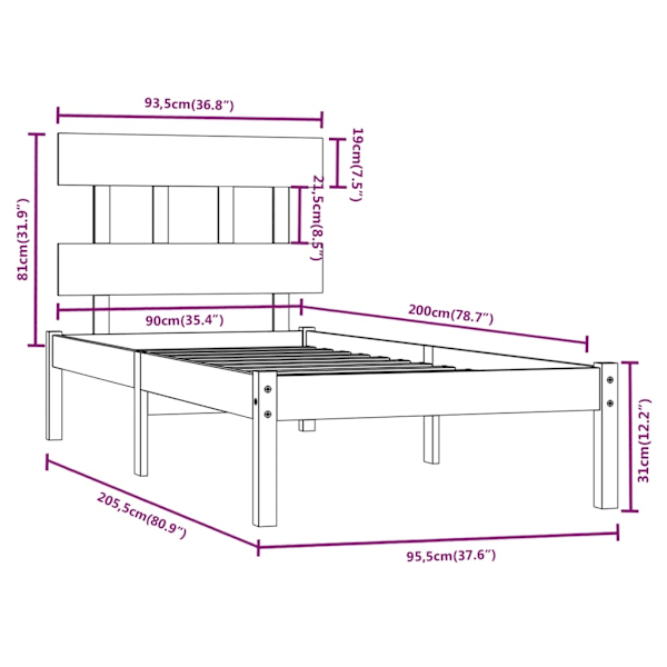 vidaXL Sängram grå massivt trä 90x200 cm Grå