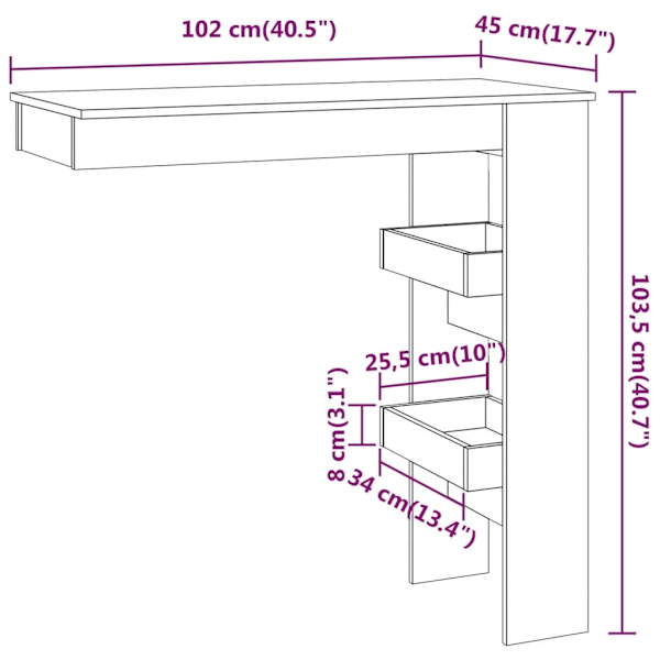 vidaXL Barbord väggmonterat sonoma-ek 102x45x103,5 cm konstruerat trä Brun