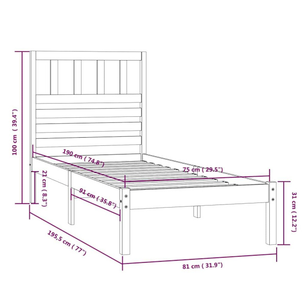 vidaXL Sängram 75x190 cm massiv furu vit Brun