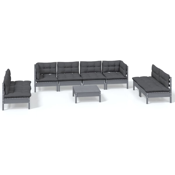 vidaXL Loungegrupp med dynor 9 delar massiv furu grå