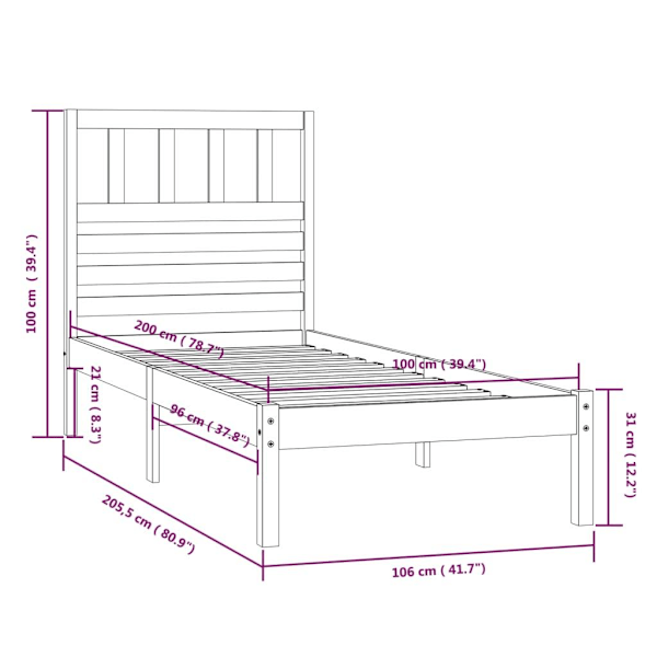 vidaXL Sängram honungsbrun massiv furu 100x200 cm enkelsäng Brun