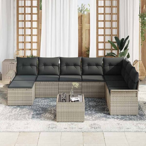vidaXL Trädgårdsoffset med kudde 9 pcs Ljusgrå Poly rattan Ljusgrå