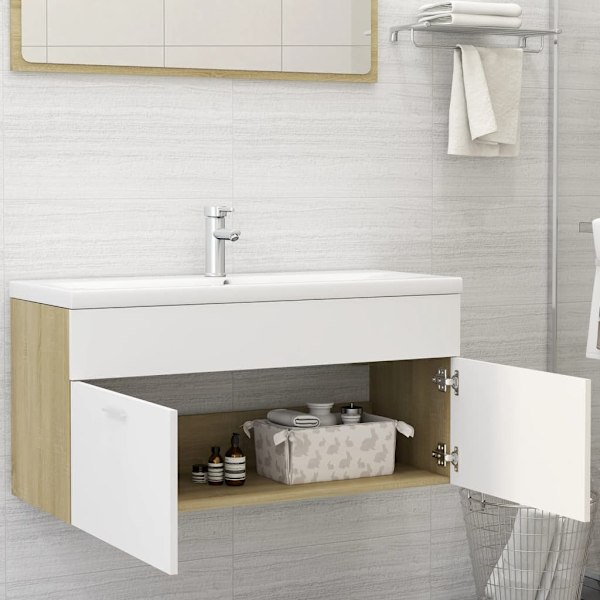 vidaXL Badrumsskåp med inbyggt handfat vit sonoma-ek konstruerat trä Beige