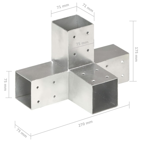 vidaXL Stolpbeslag 4 st X-form galvaniserad metall 71x71 mm Silver