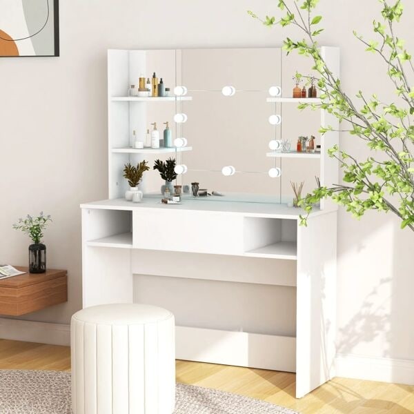vidaXL Sminkbord med LED-belysning 100x40x135 cm MDF vit Vit