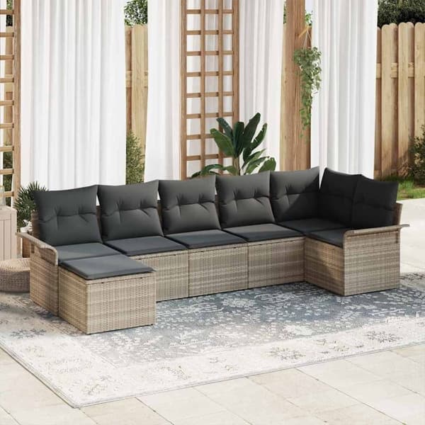 vidaXL Trädgårdsoffset med kudde 7 pcs Ljusgrå Poly rattan Ljusgrå