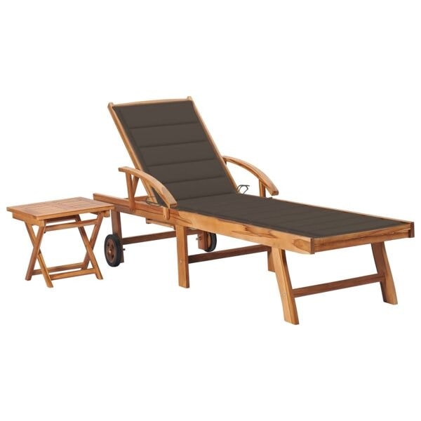 vidaXL Solsäng med bord och dyna massiv teak Taupe
