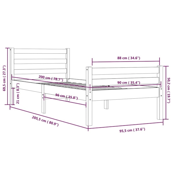 vidaXL Sängram massivt trä 90x200 cm Brun