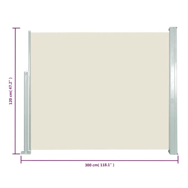 vidaXL Infällbar sidomarkis 120 x 300 cm gräddvit Creme