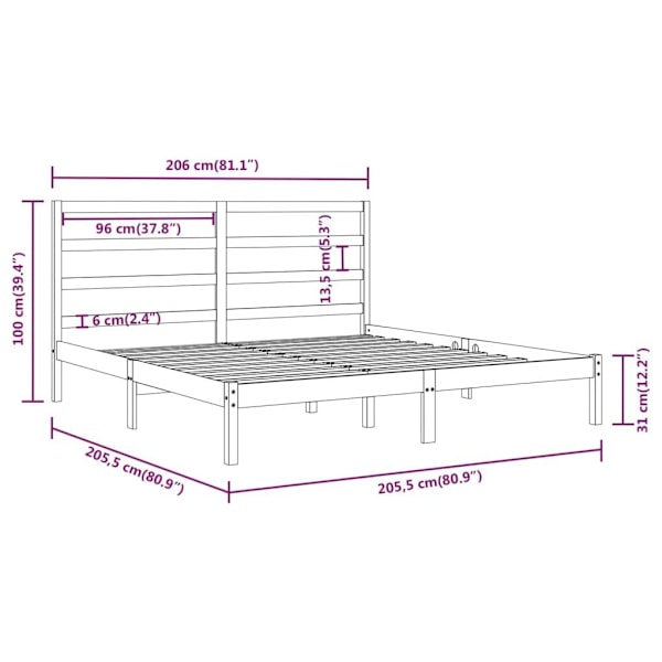 vidaXL Sängram grå massiv furu 200x200 cm Grå