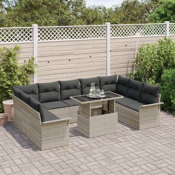 vidaXL Trädgårdsoffset med kudde 10 pcs Ljusgrå Poly rattan Ljusgrå
