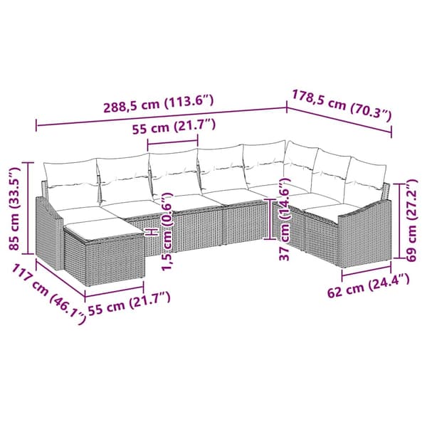 vidaXL Soffset med kudde 8 pcs Ljusgrå konstrotting Ljusgrå