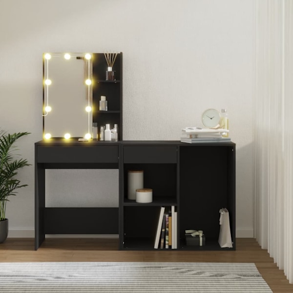 vidaXL Sminkbord LED med skåp konstruerat trä svart Svart