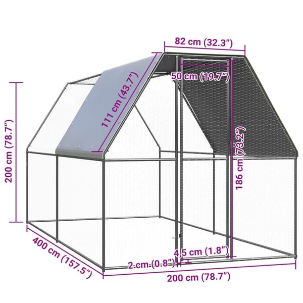 vidaXL Hönsbur för utomhusbruk 2x4x2 m galvaniserat stål Silver