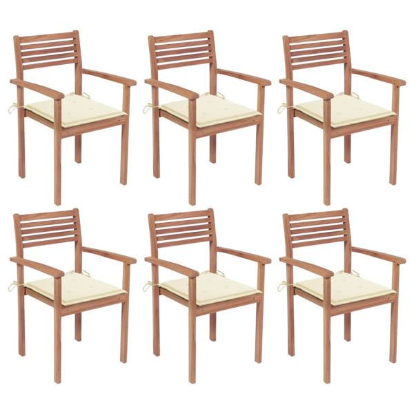 vidaXL Stapelbara trädgårdsstolar med dynor 6 st massiv teak Creme