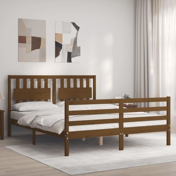 vidaXL Sängram med huvudgavel honungsbrun 160x200 cm massivt trä Brun