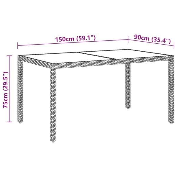 vidaXL Utebord 150x90x75 cm Härdat glas och konstrotting beige Beige