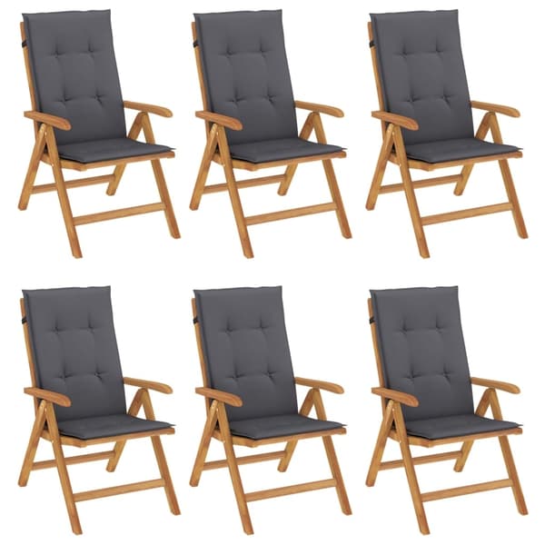 vidaXL Fällbara fåtöljer med dynor, 6 st, massivt trä, teak Brun