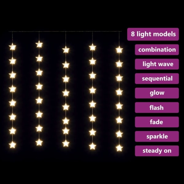 vidaXL Ljusgardin med stjärnor 200 lysdioder varmvit 8 funktione Vit