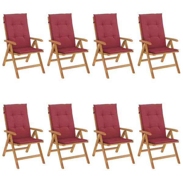vidaXL Fällbara fåtöljer med dynor, 8 st, massivt trä, teak Brun