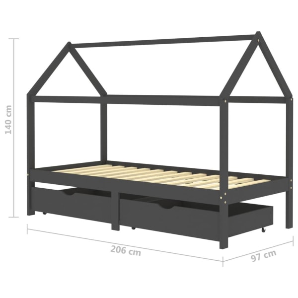 vidaXL Barnsäng med låda mörkgrå massiv furu 90x200 cm grå