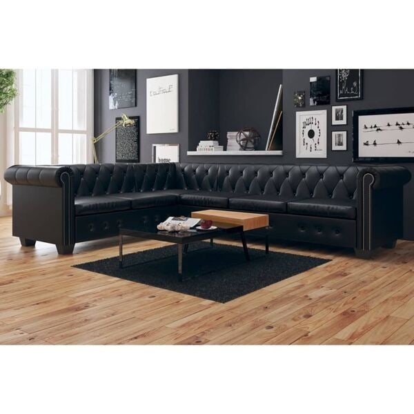 vidaXL 6-sitsig Chesterfield hörnsoffa konstläder svart Svart