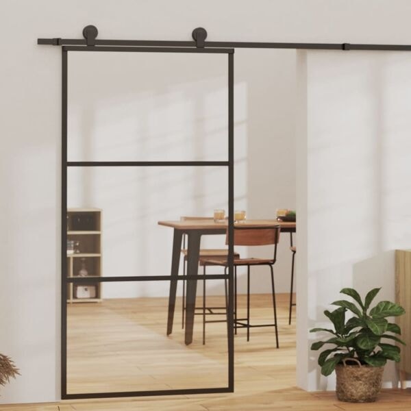 vidaXL Skjutdörr med beslagset ESG glas och aluminium 102x205 cm Svart