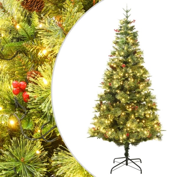 vidaXL Belyst julgran med kottar grön 225 cm PVC&PE Grön