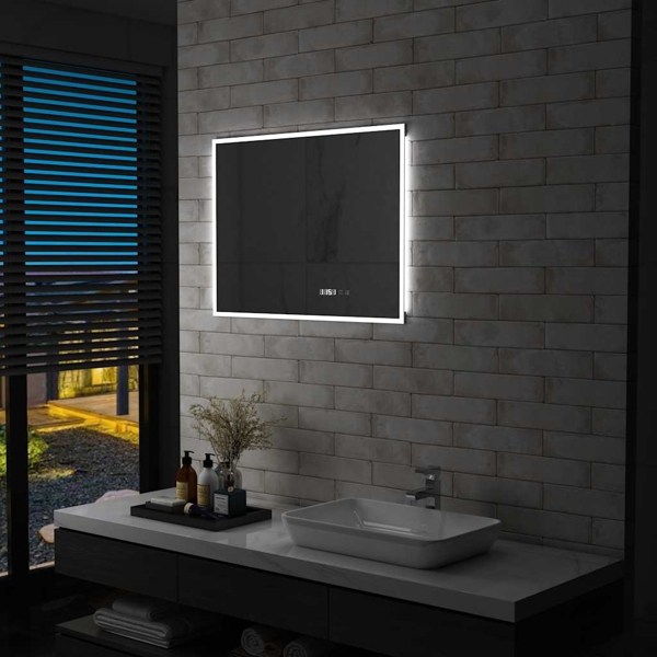 vidaXL Badrumsspegel LED med touch-sensor och tidsdisplay 80x60 cm Silver
