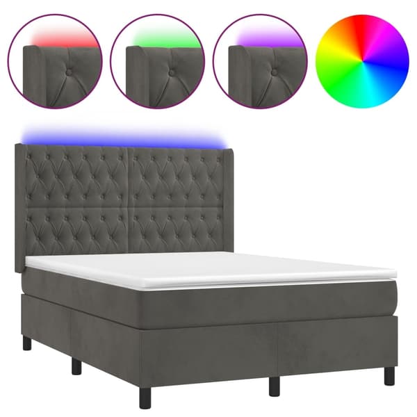 vidaXL Ramsäng med madrass & LED mörkgrå 140x190 cm sammet Grå