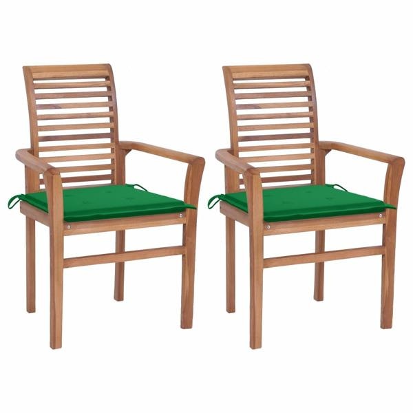vidaXL Matstolar 2 st med dynor grön massiv teak Grön