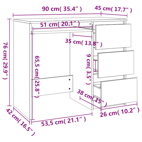 vidaXL Skrivbord brun ek 90x45x76 cm konstruerat trä Brun