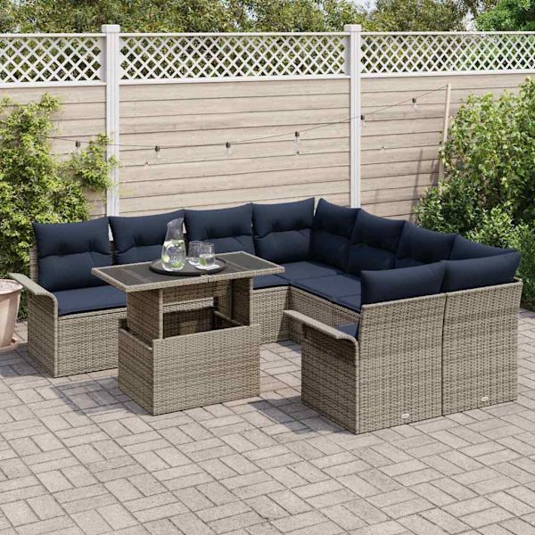 vidaXL Trädgårdsoffset med kudde 9 pcs Grå Poly rattan Grå
