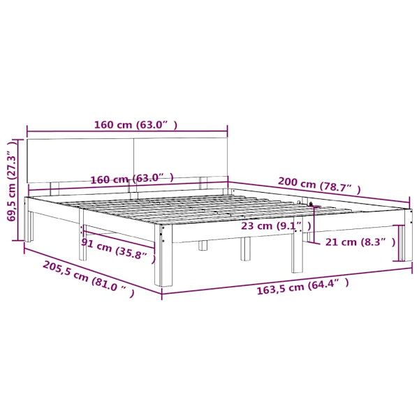 vidaXL Sängram massiv furu 160x200 cm Brun