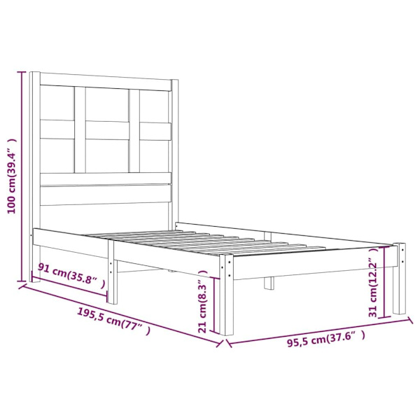 vidaXL Sängram massiv furu 90x190 cm Brun