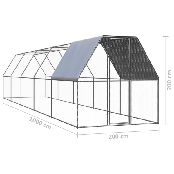 vidaXL Hönsbur för utomhusbruk 2x10x2 m galvaniserat stål Silver