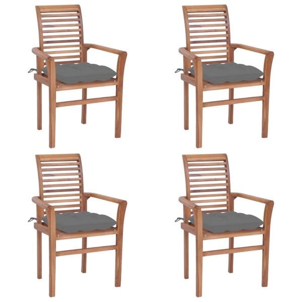 vidaXL Matstolar 4 st med gråa dynor massiv teak grå